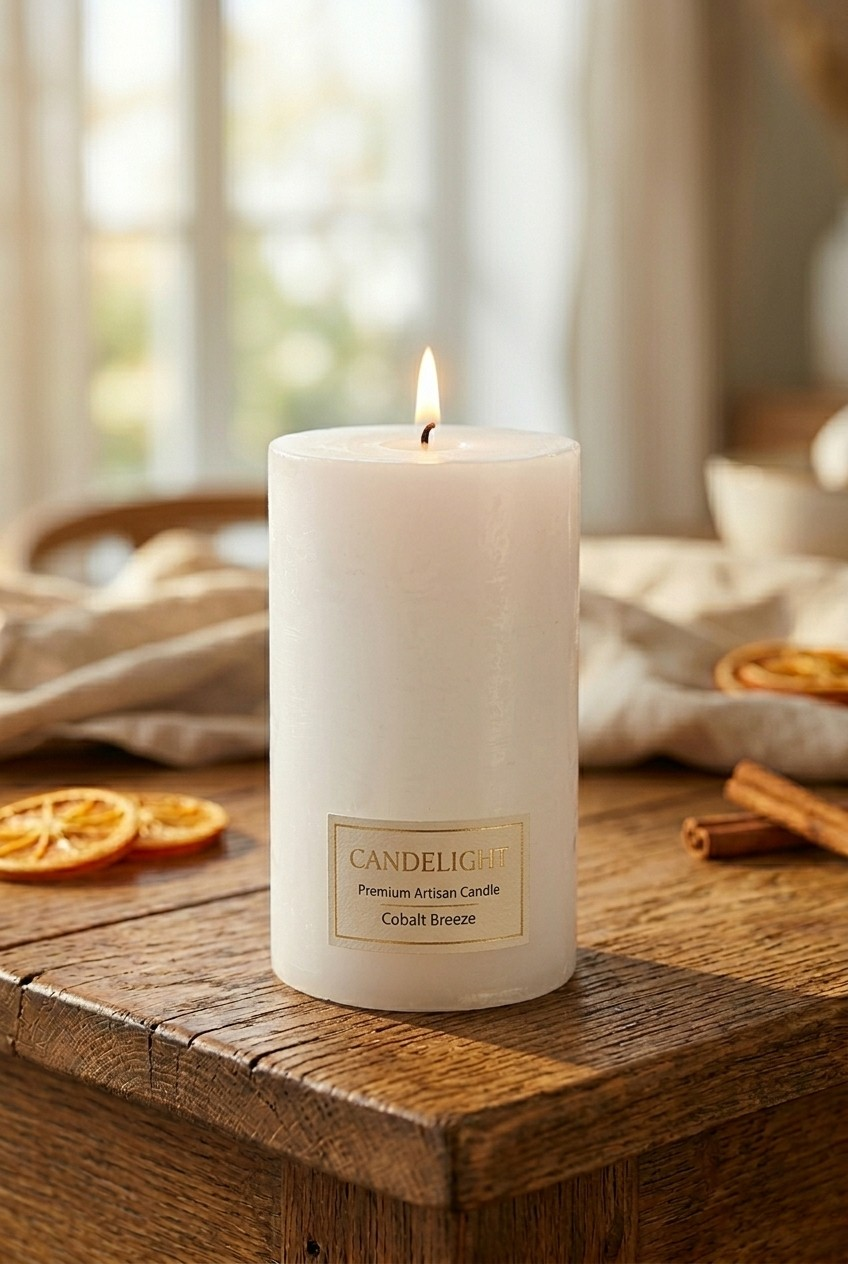 Premium Artisan Pillar Candle | Ocean Breeze | Handcrafted Scented Candle (White, Blue, Orange)